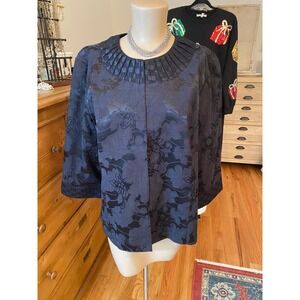 Chico's Black Floral Jacquard Pleated Neck 3/4 Sleeve Jacket Blazer Size 3